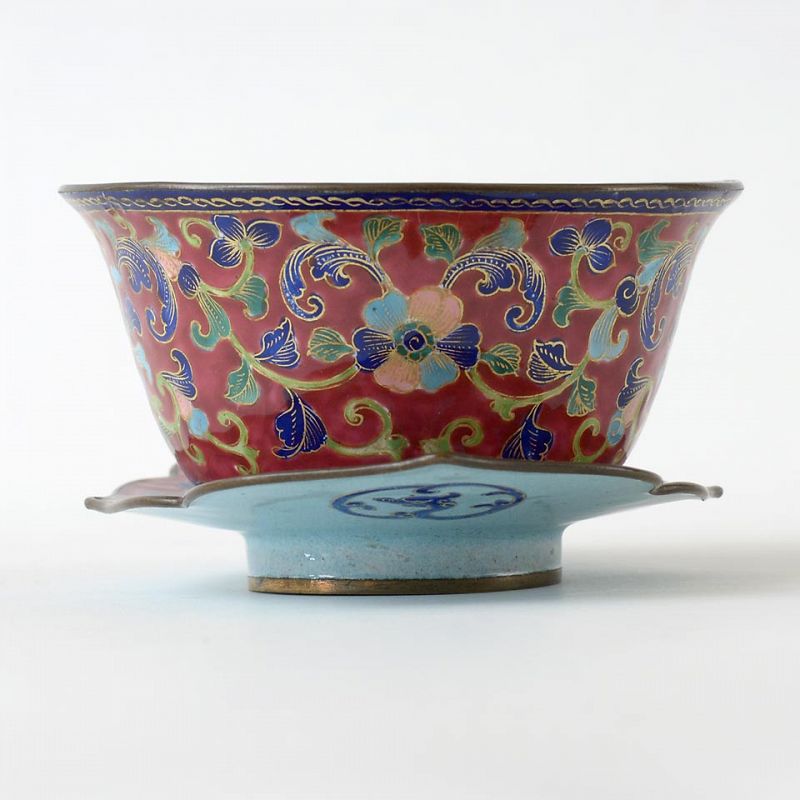 Chinese Canton Enamel Bowl &amp; Saucer w. Lotus Scrolls, 18th/19th C.