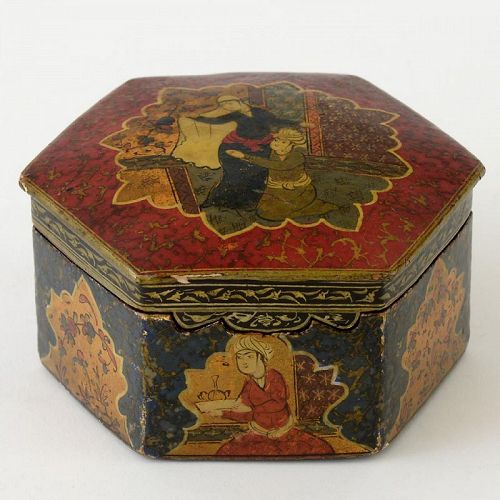 Hexagonal Persian Qajar Papier Mache Lacquer Box C 1900 Item 1387380