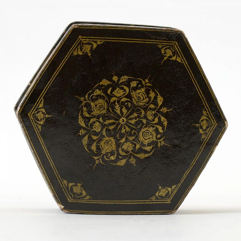 Hexagonal Persian Qajar Papier-Mache Lacquer Box, c. 1900.