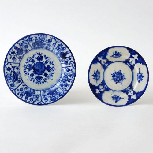 Two Persian Qajar Blue & White Fritware Plates, One Dated.