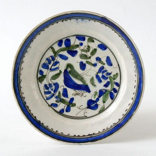 An Antique Persian Qajar Fritware Plate with Bird.
