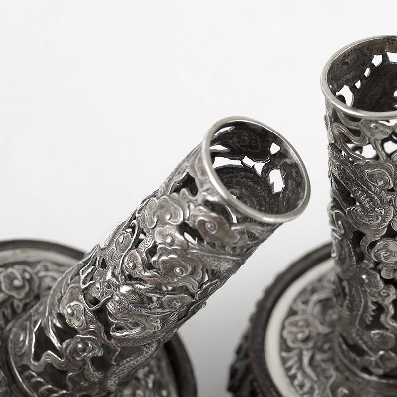 A Pair Chinese Silver Incense Stick Holders with Dragons, 19th C.