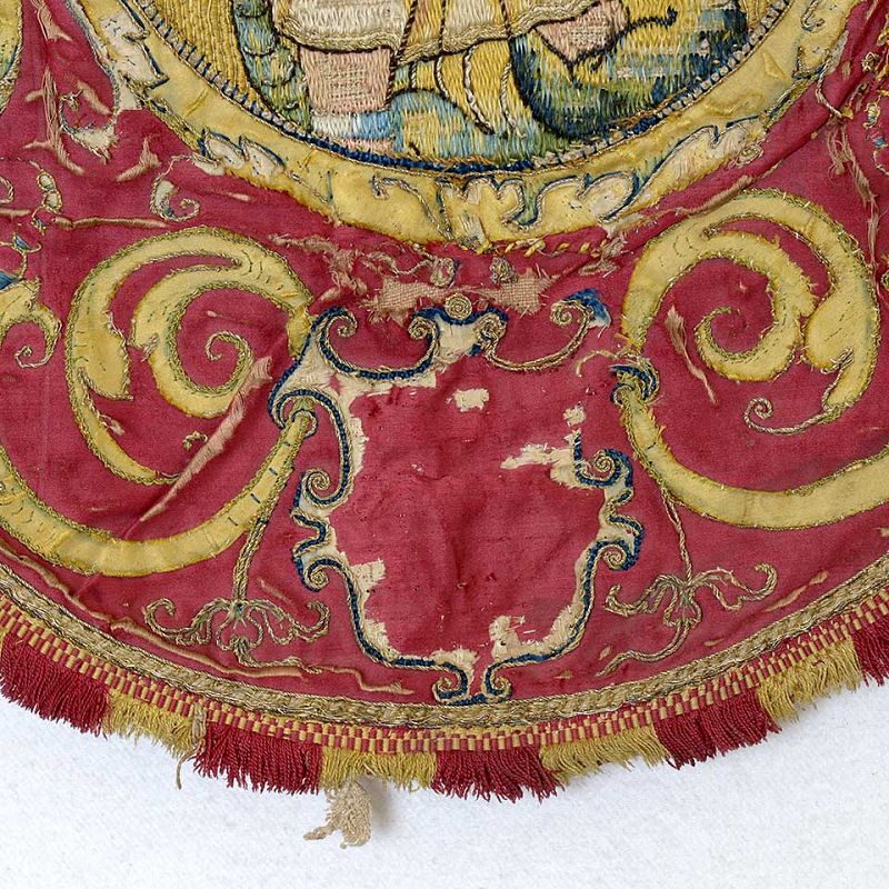 Embroidered Silk Cope Hood Orphrey w. Saint Michael, 17th or Earlier.