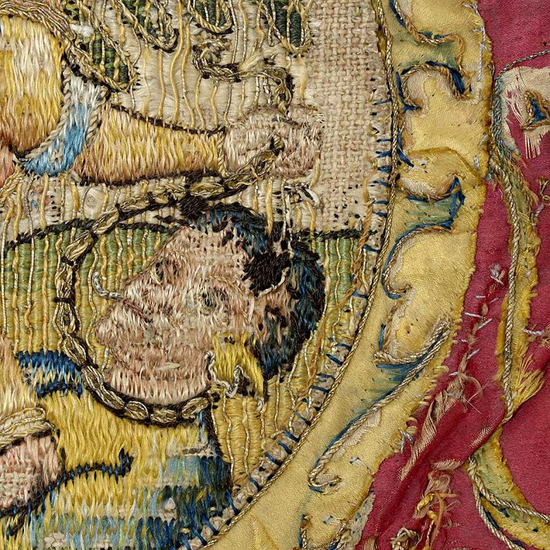 Embroidered Silk Cope Hood Orphrey w. Saint Michael, 17th or Earlier.