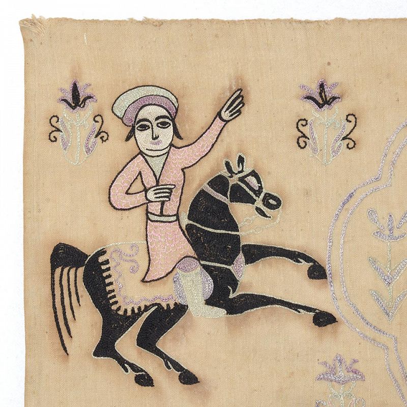 Persian Qajar Embroidered Figural Panel from Isfahan, c. 1910.