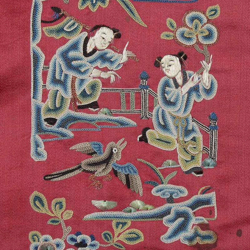 A Pair Undone Chinese Silk Sleeve Bands in Pekinese Stitch, Qing