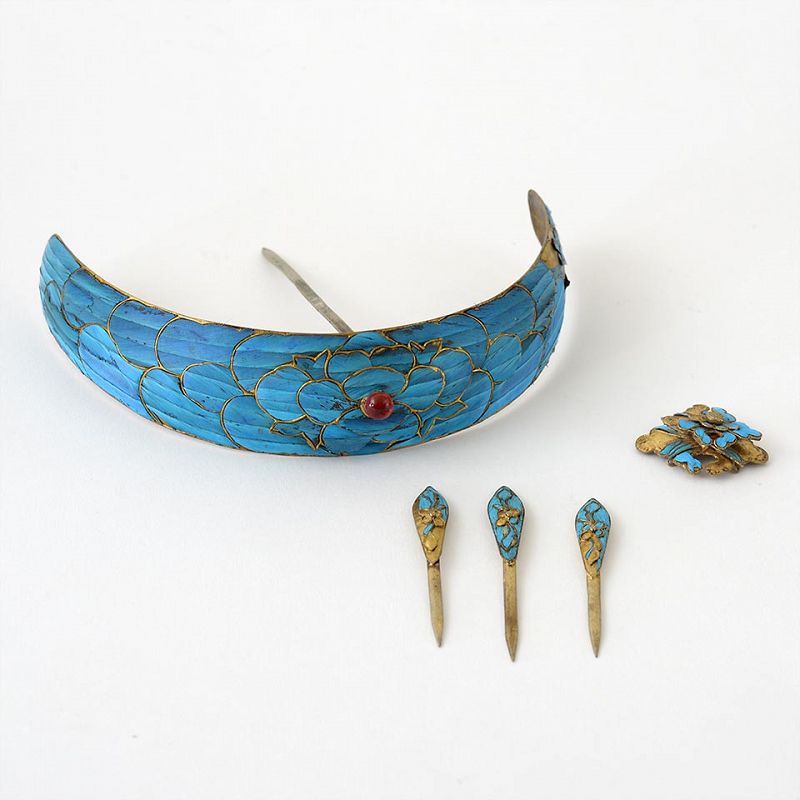 Qing Dynasty Kingfisher Feather with Pearls & Gemstone Hair Pin Antique Chinese Accessoires Haaraccessoires Haarspelden 