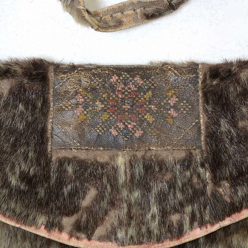 Old or Antique Seal Fur Inuit Bag with Mosaic Decoration.