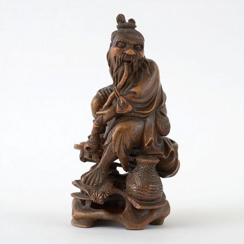 Chinese Carving Bamboo Figure of Peasant with Pipe.