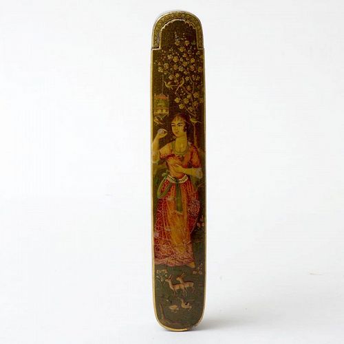 Fine Persian Papier-Mache Lacquer Qalamdan w. Noblewoman, 19th C.