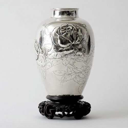 Signed Japanese Sterling Silver Vase with Flowers, Early 20th C.