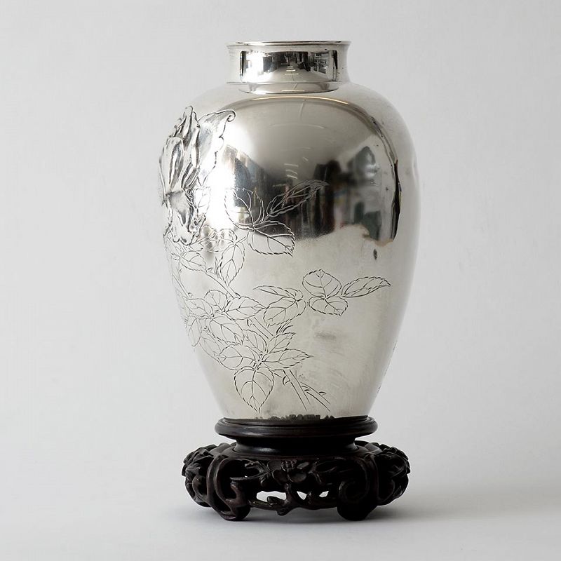 Signed Japanese Sterling Silver Vase with Flowers, Early 20th C.