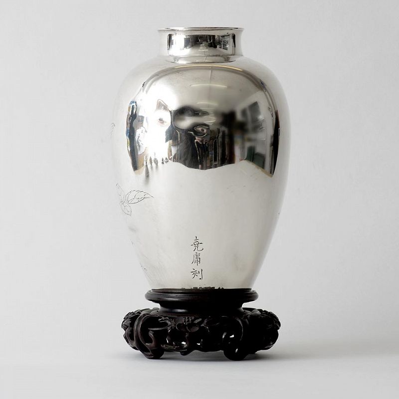 Signed Japanese Sterling Silver Vase with Flowers, Early 20th C 