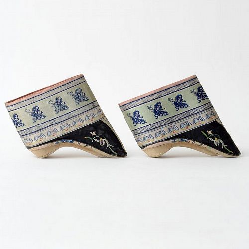 A Pair of Antique Chinese Embroidered Silk Lotus Shoes, Late Qing.