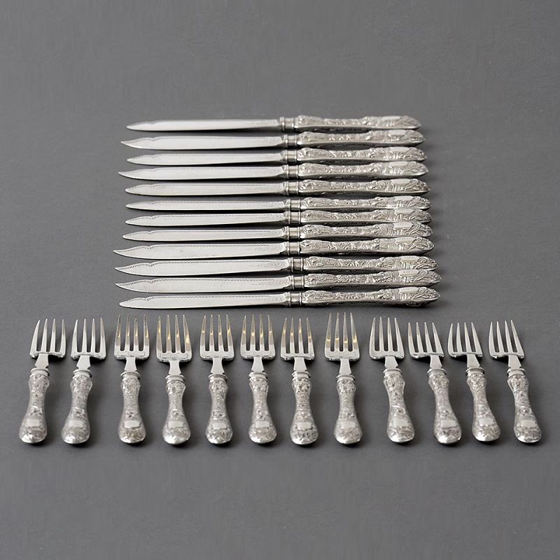 Rare Antique 24 Pieces Chinese Export Silver Fish Flatware Set, 19th C