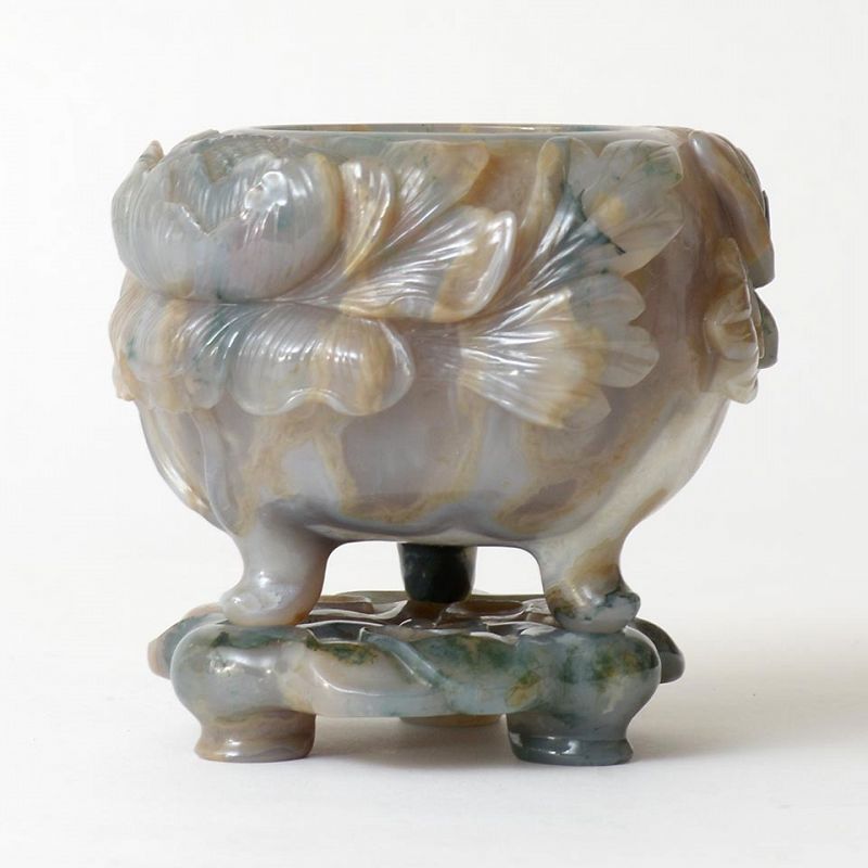 Chinese Carved Agate Tripod Censer with Stand, 20th C.