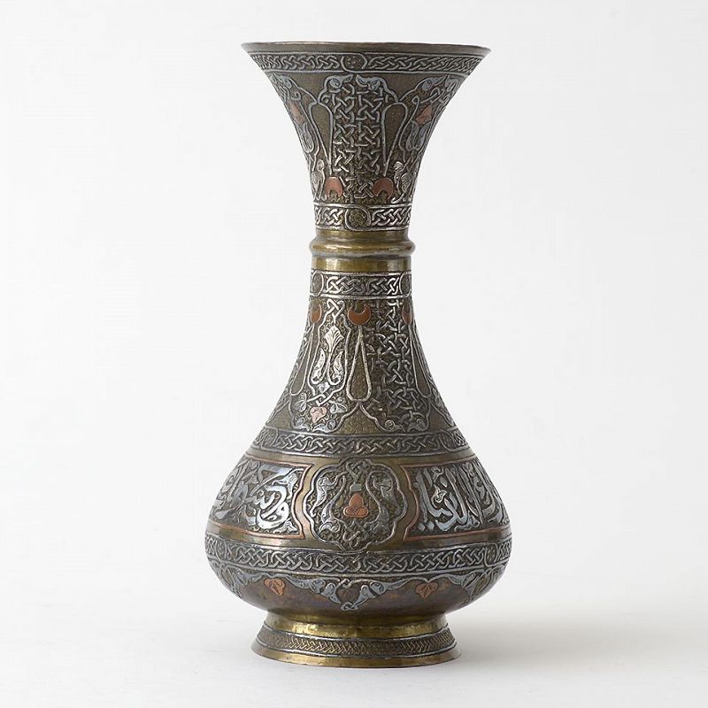 Fine Syrian Silver Inlaid Cairoware Mamluk Revival Vase, 19th C.