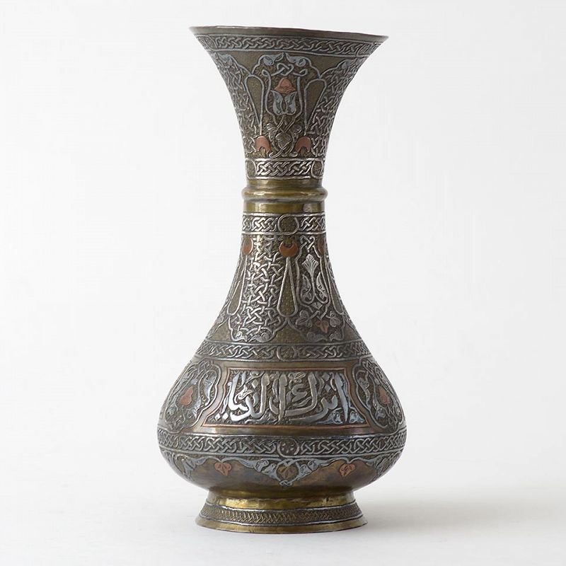 Fine Syrian Silver Inlaid Cairoware Mamluk Revival Vase, 19th C.