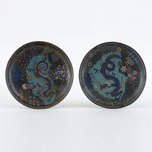 Pair of Early Japanese Cloisonne Enamel Plates with Dragon, 1860/70's