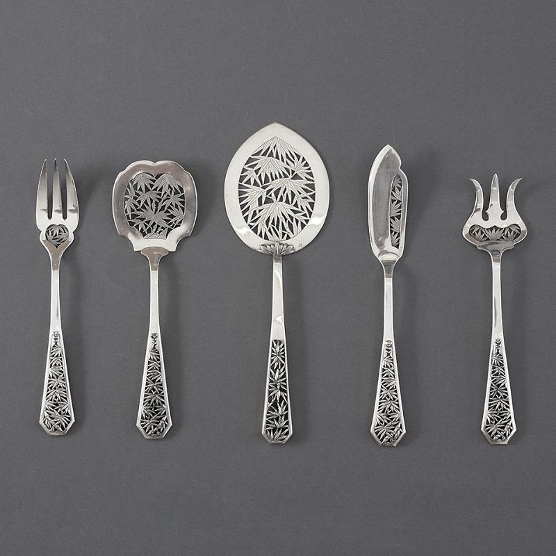 Set of Antique Pierced Chinese Export Silver Serving Cutlery.