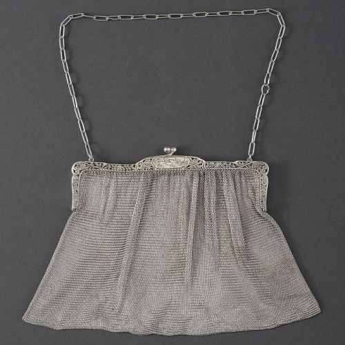Heavy German Silver Mesh Evening Purse with Deers, c. 1910.