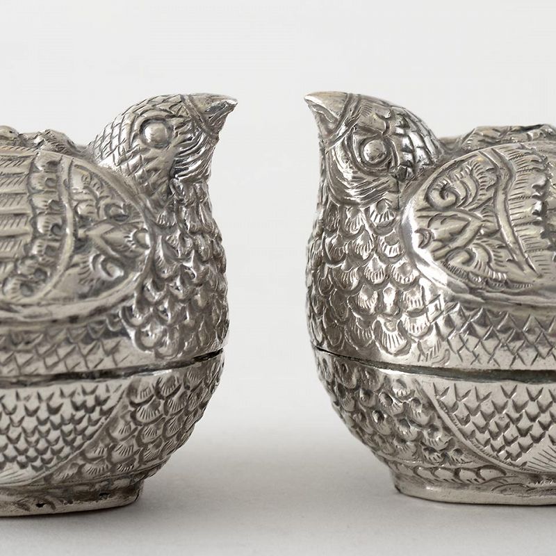 Two Old Cambodian Figural Silver Betel Boxes in Quail Shape, c. 1950.
