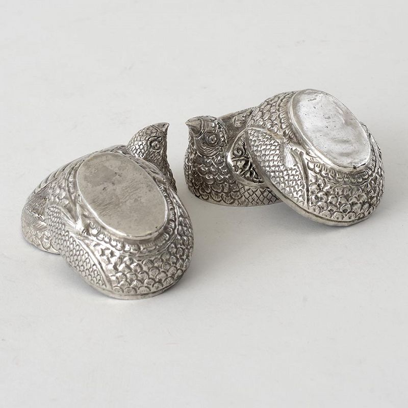 Two Old Cambodian Figural Silver Betel Boxes in Quail Shape, c. 1950.