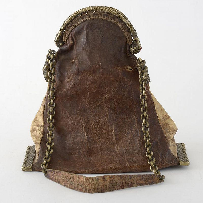Antique Batak Shaman's Leather &amp; Brass Bag &quot;Salipi&quot;, Sumatra.