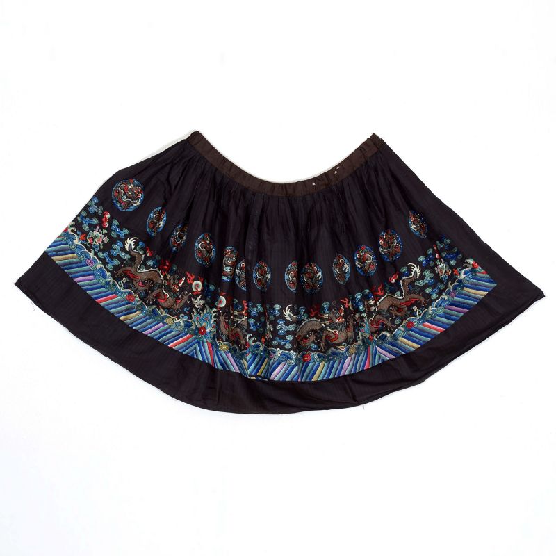 Altered Chinese Embroidered Chao Fu Skirt w. Dragons, late Qing.