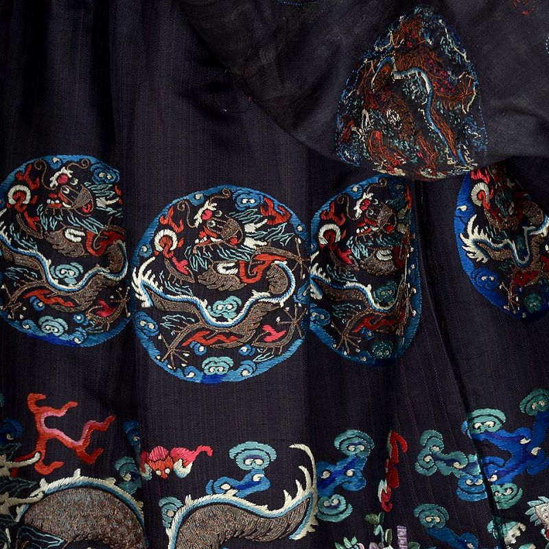 Altered Chinese Embroidered Chao Fu Skirt w. Dragons, late Qing.