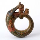 Vintage Indian Figural Painted Wood Powder Flask, Mughal-Style.