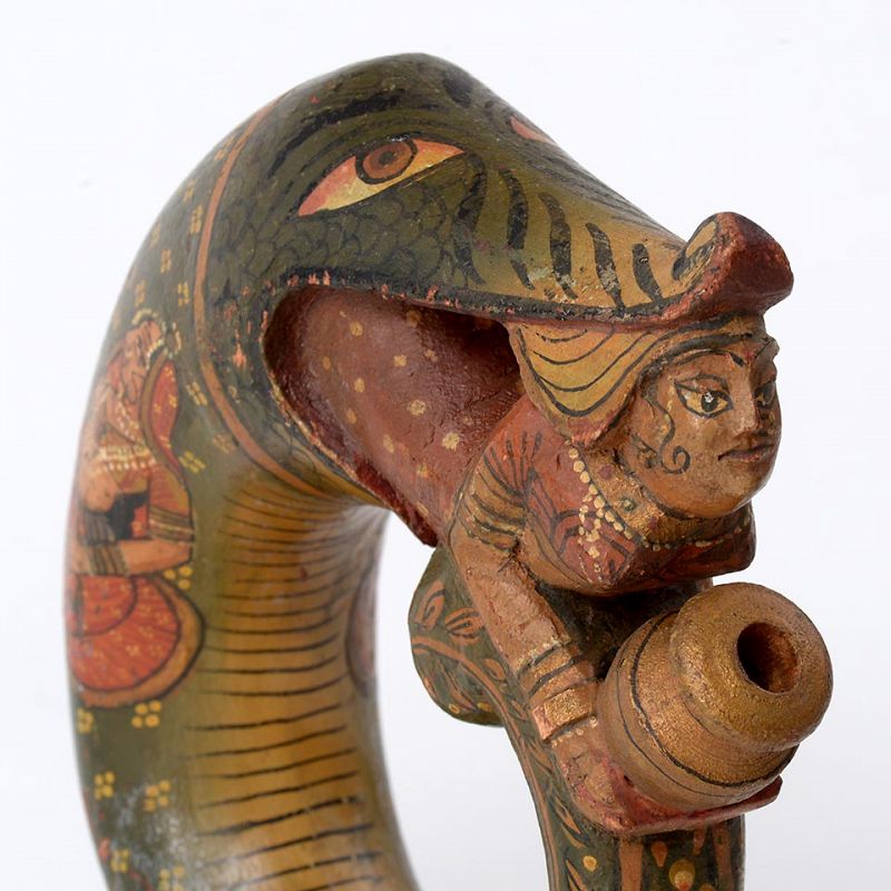 Vintage Indian Figural Painted Wood Powder Flask, Mughal-Style.