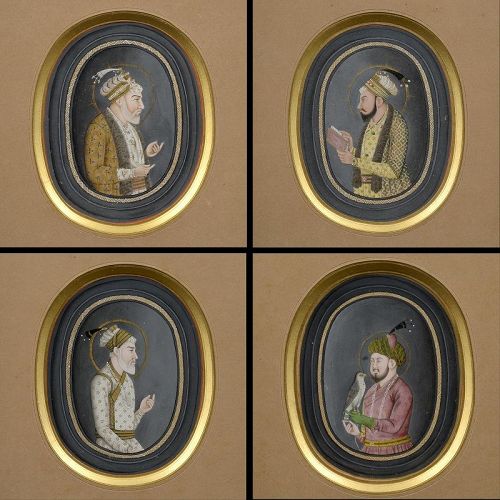 Four Framed Indian Paintings of Mughal Emperors, Murshidabad 19th C.