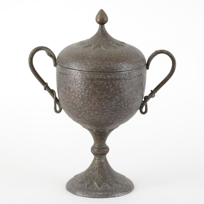 Large Antique Indian Kashmir Tinned Copper Presentation Cup, 19th C.