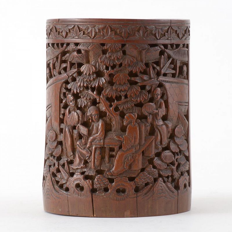 Antique Chinese Carved Bamboo Brush Pot Bitong w. Poem, 19th C.