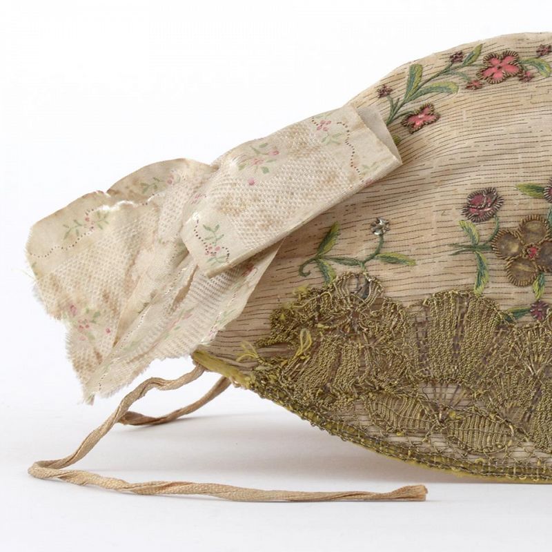 European Gold Embroidered Silk Bonnet with Sequins, around 1800.