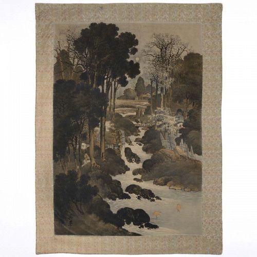 Large Japanese Painted Cut Velvet Textile Hanging w. Watermill, Meiji.