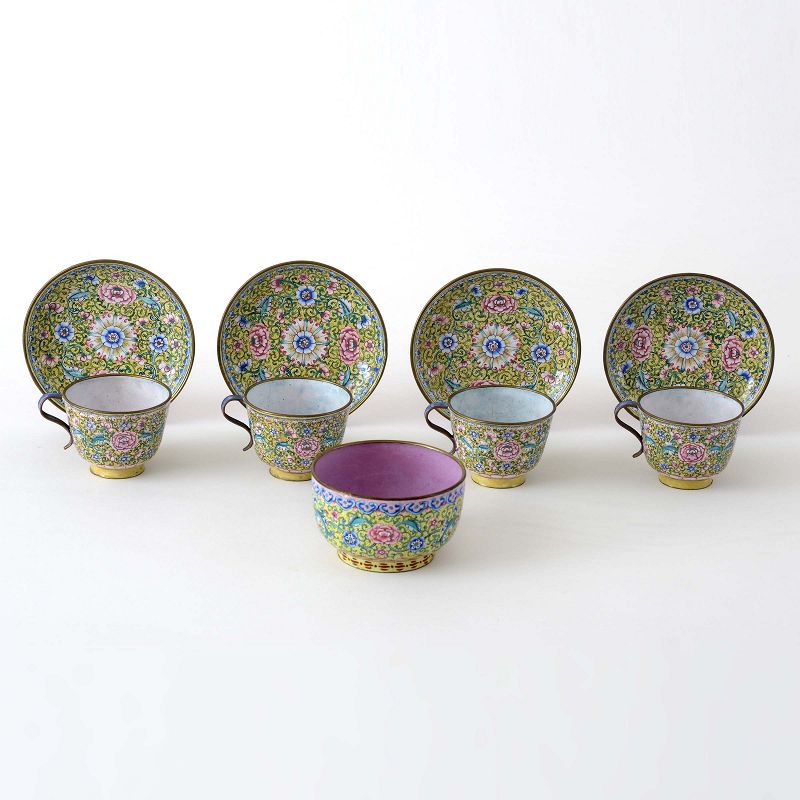 Set of Yellow Canton Enamel Cups & Saucers with Bowl, China 19th C.