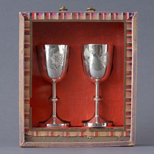 Early Republic Period Silver Goblets in Original Silk Box, China.