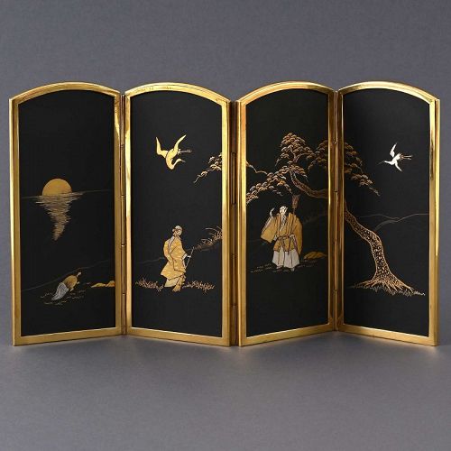 Japanese Komai-Style Damascened Miniature Table Screen, Taisho / Showa