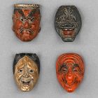 Four Japanese Miniature Laquered Wood Theatre Masks, Edo Period.