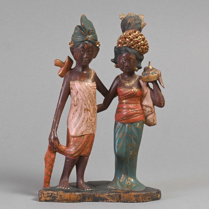 Antique Balinese Polychrome Wood Carving of Bridal Pair, c. 1900.
