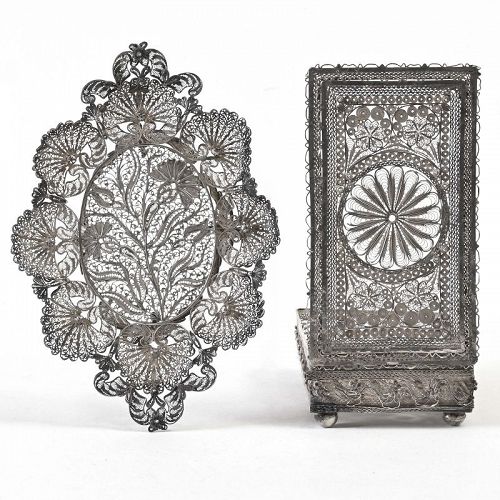 Antique Indian Filigree Silver Box and Tray with Cloves.