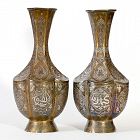 A Pair Silver Inlaid Mamluk Revival Cairoware Vases, Egypt 19th C.