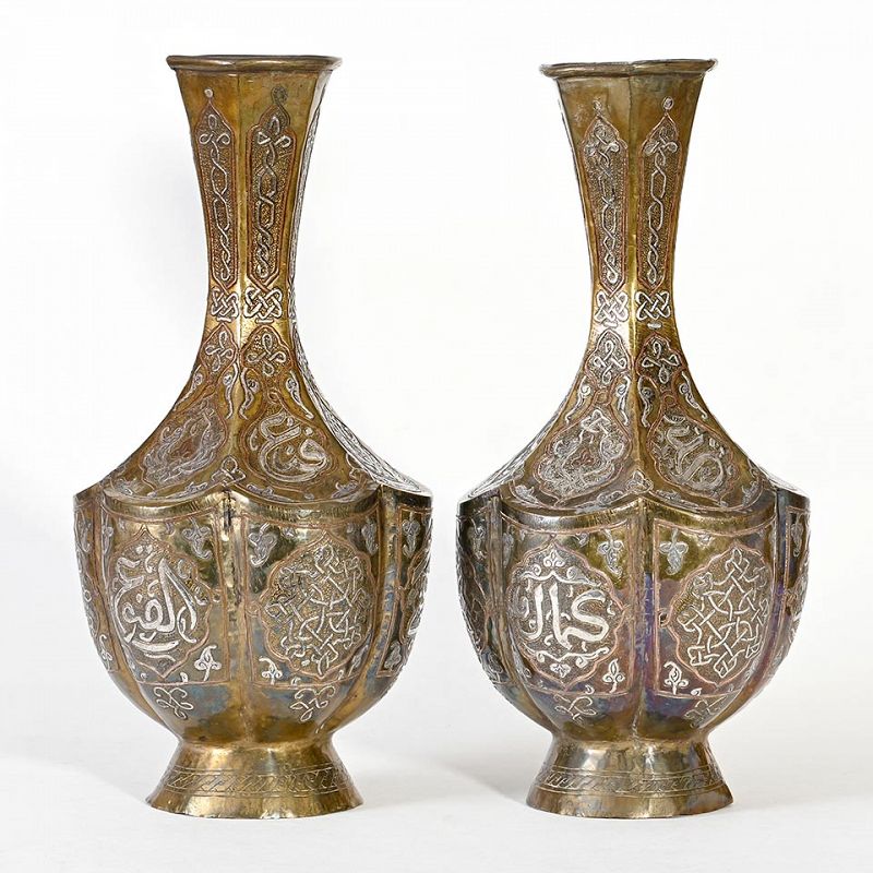 A Pair Silver Inlaid Mamluk Revival Cairoware Vases, Egypt 19th C.