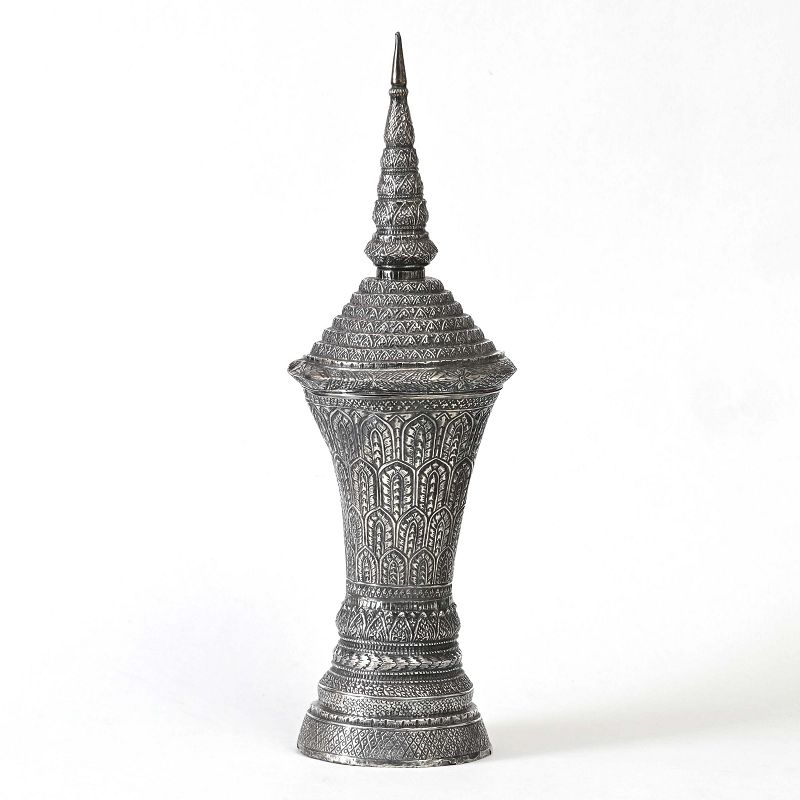 Rare Large Antique Thai Repousse Silver Reliquary Urn, Flawed.