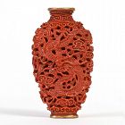 Chinese Lacquer Imitation Porcelain Snuff Bottle w. Dragon, 19th C.