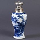 Chinese Kangxi B & W Porcelain Tea Caddy w. Dutch Silver Mounts.