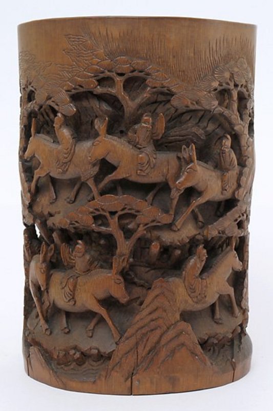 Large Chinese Carved Bamboo Brush pot, 19th C.