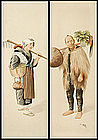 A Pair Japanese Prewar Watercolors on Paper, Signed.